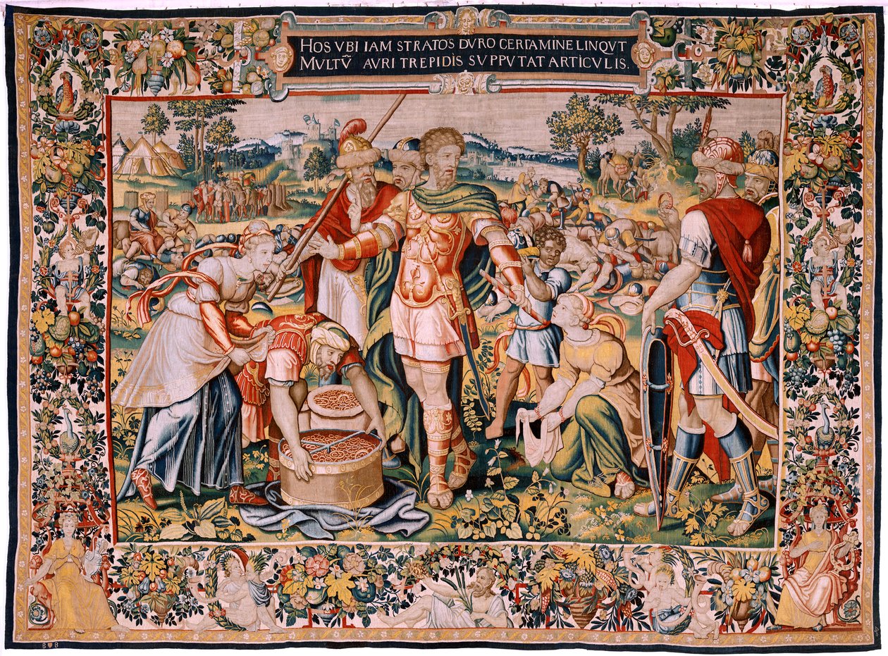 flamländsk gobeläng. Serien Hannibals historia. Plundringen av Cannae (El botín de Cannas). Fjärde gobeläng av de bevarade. Modeller Anonym mästare i Nederländerna. Tillverka Bryssels verkstäder. Ca 1570. Tyg Ull och siden, 6,5/7 varp per cm av Flemish School