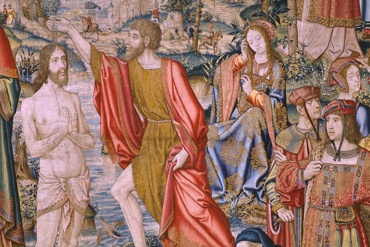 flamländsk gobeläng. Serien The History of Saint John the Baptist: The Baptism of Christ (Het doopsel van Christus). Bryssel ateljé. 1515-1520. av Flemish School