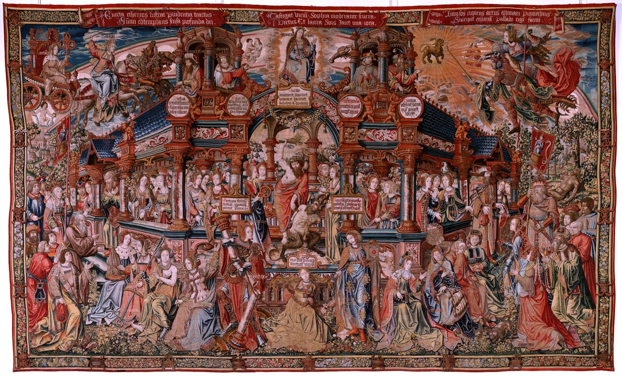 flamländsk gobeläng. Serien The Honours. Dygd (La Virtu, El Vicio). Åttonde gobeläng i serien. Modelltecknare från Bernard van Orleys och Jan Gossaerts krets (Mabuse). Tillverkning Pieter van Aelst, Bryssel. Ca 1550. Tyg Guld, silver, siden a av Flemish School