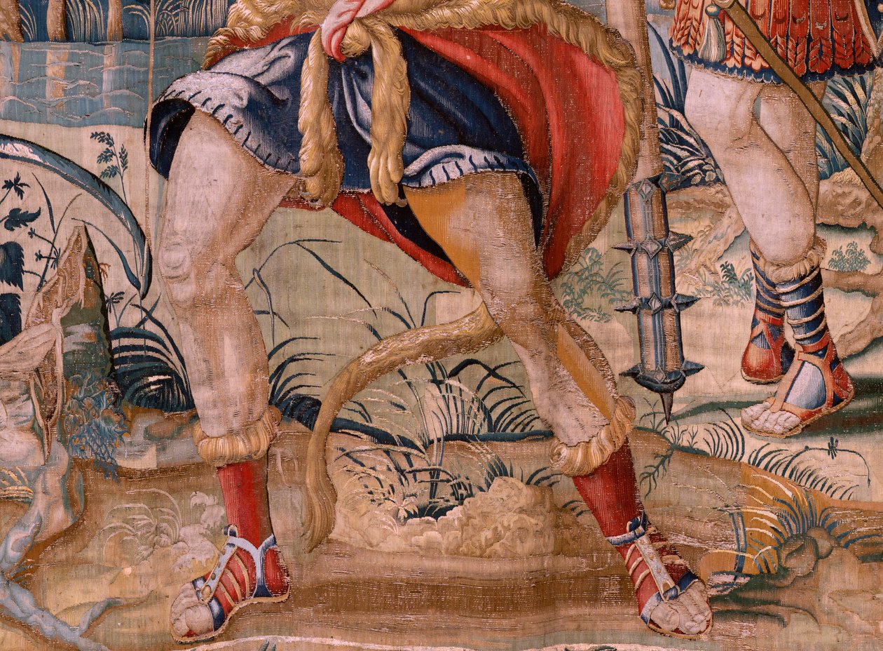 flamländsk gobeläng. Serien The Labours of Hercules. Herkules och stymfåglarna (Hércules y las aves del lago Estínfalo). Första gobeläng i den bevarade serien. Modell okänd. Tillverkning Willem Dermoyen, Bryssel. Ca 1528. Tyg Siden och ull. ; Storlek av Flemish School