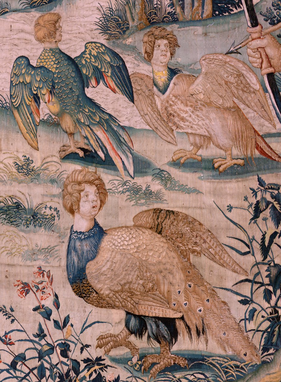 flamländsk gobeläng. Serien The Labours of Hercules. Herkules och stymfåglarna (Hércules y las aves del lago Estínfalo). Första gobeläng i den bevarade serien. Modell okänd. Tillverkning Willem Dermoyen, Bryssel. Ca1528. Tyg Siden och ull. ; Storlek 3 av Flemish School