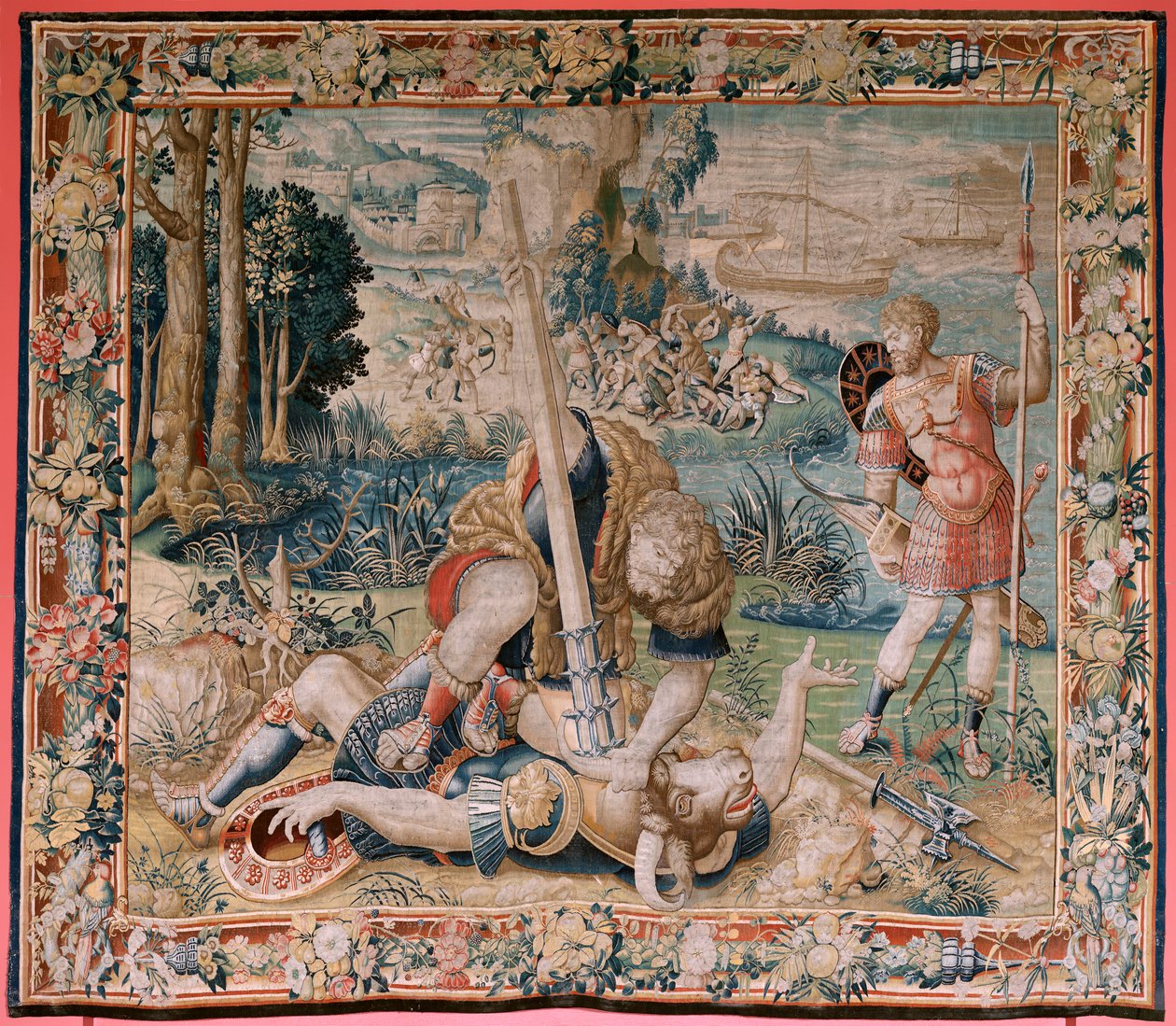 flamländsk gobeläng. Serien The Labours of Hercules. Hercules slåss mot Minotauren (Hercules slåss med Minotauren). Herkules slåss med Minotauren). Andra gobeläng i den bevarade serien. Modell okänd. Tillverkning Willem Dermoyen, Bryssel. ca 1528. av Flemish School