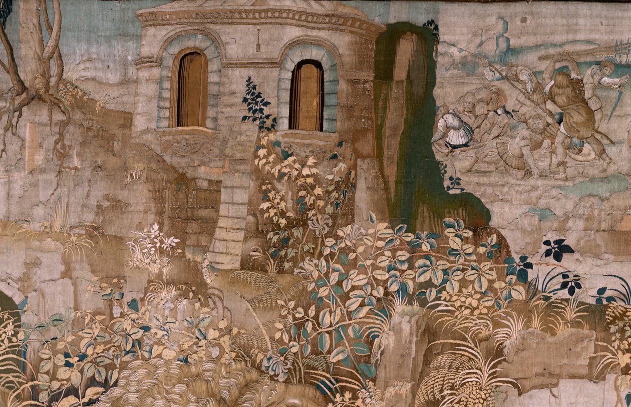 flamländsk gobeläng. Serien The Labours of Hercules. Hercules fångar Cerberus (Hércules captura a Cancerbero). Sjätte gobelängen i den bevarade serien. Modell okänd. Tillverkning Willem Dermoyen, Bryssel. Ca1528. Tyg Siden och ull. Storlek 345 x 390 cm. Lo av Flemish School