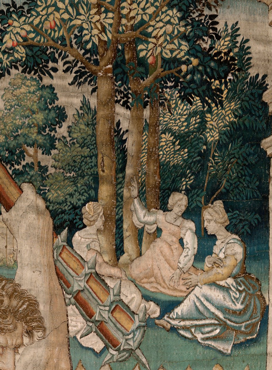 flamländsk gobeläng. Serien The Labours of Hercules. Herkules i Hesperidernas trädgård (Hércules en el jardín de las Hespérides). Femte gobeläng i den bevarade serien. Okänd modell. Tillverkning Willem Dermoyen, Bryssel. Ca 1528. Tyg Siden och ull. av Flemish School