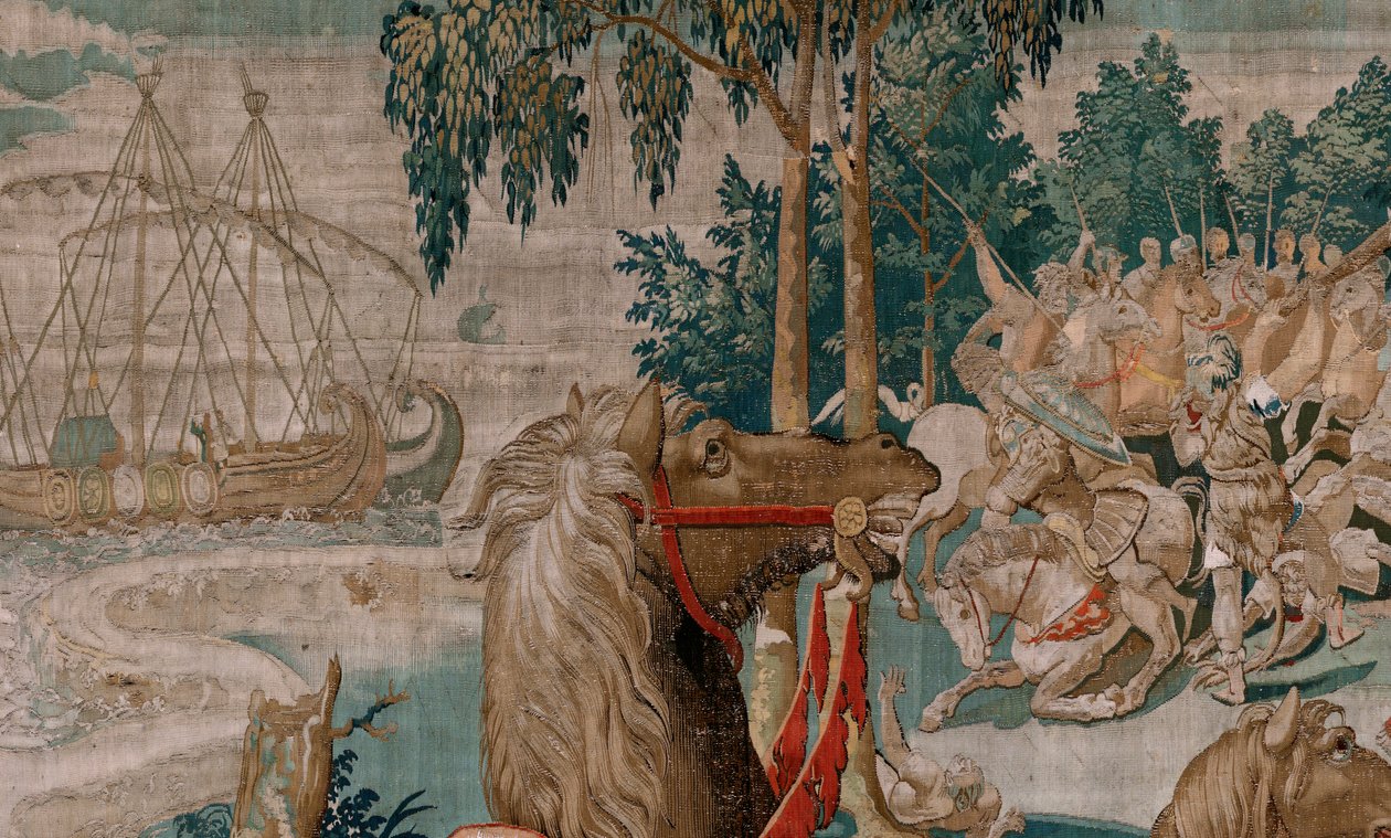 flamländsk gobeläng. Serien The Labours of Hercules. Diomedes hästar (Los caballos de Diomedes). Tredje gobelängen i den bevarade serien. Modell okänd. Tillverkning Willem Dermoyen, Bryssel. Ca1528. Tyg Siden och ull. Storlek 350 x 400 cm. Plats Royal av Flemish School