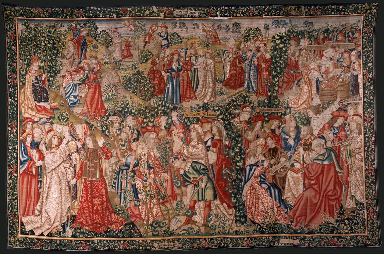 flamländsk gobeläng. Serien Liknelsen om arbetarna i vingården. Uppmaningen till arbetarna (La llamada a los trabajadores). Första gobelängen i serien. Tillverkar Bryssel, Pieter van Aelsts verkstäder(?). Ca 1500. Tyg Siden och ull, 6 varpar pe av Flemish School