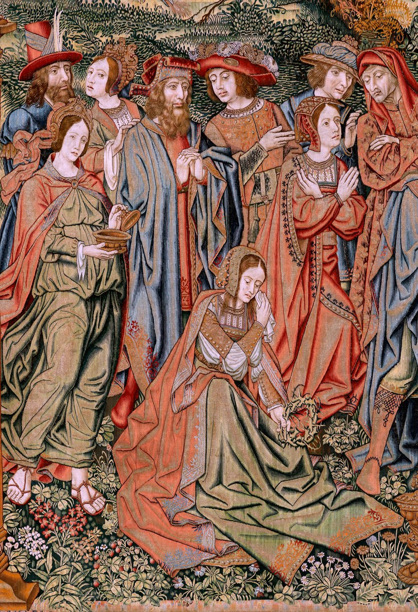 flamländsk gobeläng. Serien The Passion of Christ. Nedstigningen från korset (Descendimiento). Den andra gobelängserien av Kristi passion som tillhör Patrimonio Nacional. Modelltecknare från Jan van Roomes krets. Tillverkning Pieter va av Flemish School
