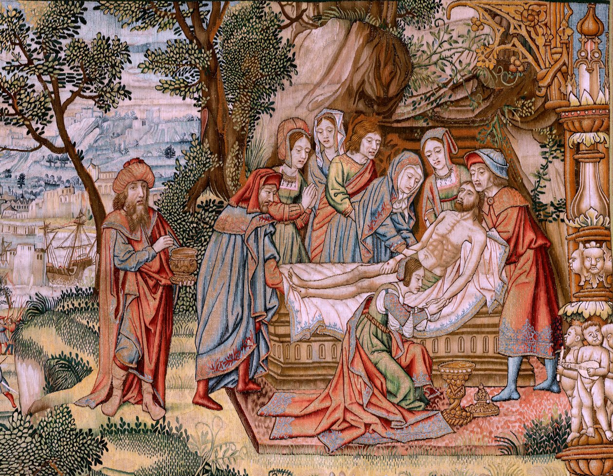 flamländsk gobeläng. Serien The Passion of Christ. Nedstigningen från korset (Descendimiento). Den andra gobelängserien av Kristi passion som tillhör Patrimonio Nacional. Modelltecknare från Jan van Roomes krets. Tillverkning Pieter va av Flemish School