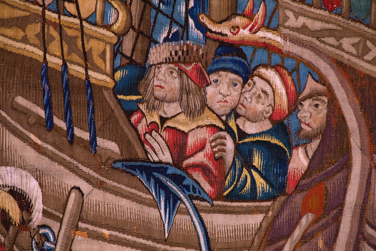 flamländsk gobeläng. Serie The Portuguese in India: The Arrival in Calicut (Från Aankomst i Calicut, Llegado de Vasco de Gama till Lissabon). Ca 1510. Samling Caixa Geral de Depósitos, Lissabon. Detalj. av Flemish School