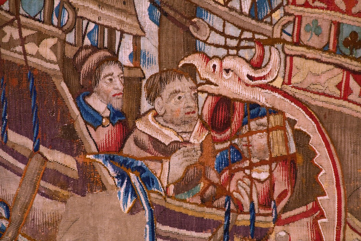 flamländsk gobeläng. Serie The Portuguese in India: The Arrival in Calicut (Från Aankomst i Calicut, Llegado de Vasco de Gama till Lissabon). Ca 1510. Caixa Geral de Depósitos Collection, Lissabon. Detalj. av Flemish School