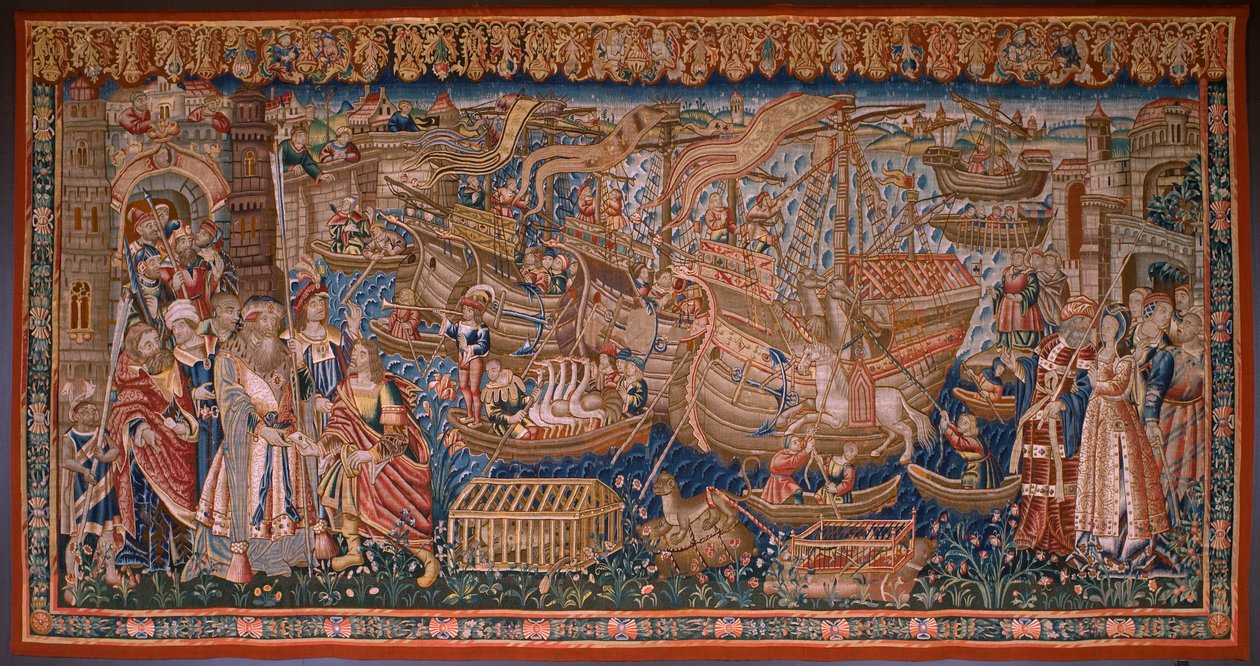 flamländsk gobeläng. Serie The Portuguese in India: The Arrival in Calicut (De Aankomst i Calicut, Llegado de Vasco de Gama a Lisboa). Ca 1510. Samling Caixa Geral de Depósitos, Lissabon. av Flemish School