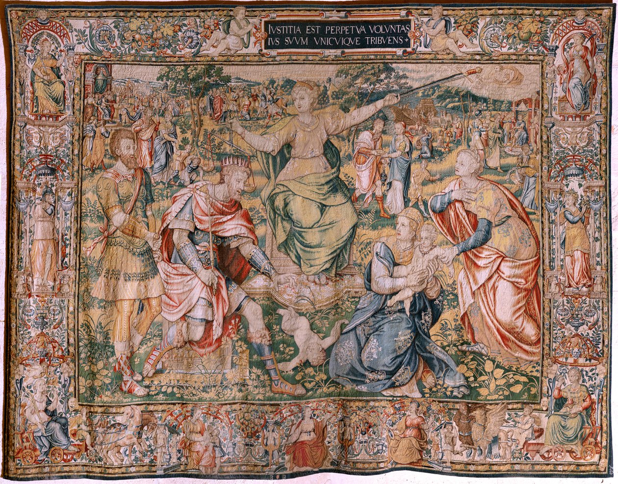 flamländsk gobeläng. Serien De sju dygderna. Rättvisa (La Justicia). Modell baserad på Michiel Coxcie. Tillverkning Bryssel. Tillverkning av Frans Geubels. Ca 1560-1570. Tyg Siden och ull. Storlek 330 x 450 cm. Plats Burgos katedral. Ursprung Ett arv till  av Flemish School