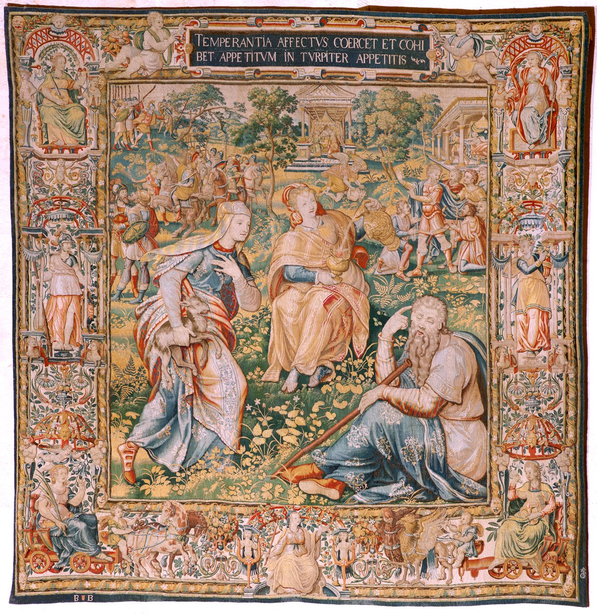 flamländsk gobeläng. Serien De sju dygderna. Temperance (La Templanza). Modell baserad på Michiel Coxcie. Tillverkning Bryssel. Tillverkning av Frans Geubels. Ca1560-1570. Tyg Siden och ull. Storlek 330 x 320 cm. Plats Burgos katedral. Ursprung A legat t av Flemish School
