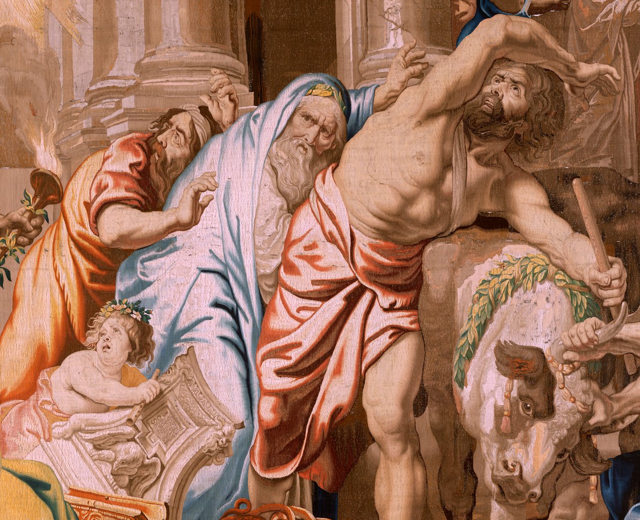flamländsk gobeläng. Serien Nattvardens triumf. Eukaristins seger över hedniska offer (Victoria de la Eucaristía sobre los sacrificios paganos). Fjärde gobelängen i serien. Modell Peter Paul Rubens. 1626-1628. Tillverkning Jan II Raes, Jac av Flemish School