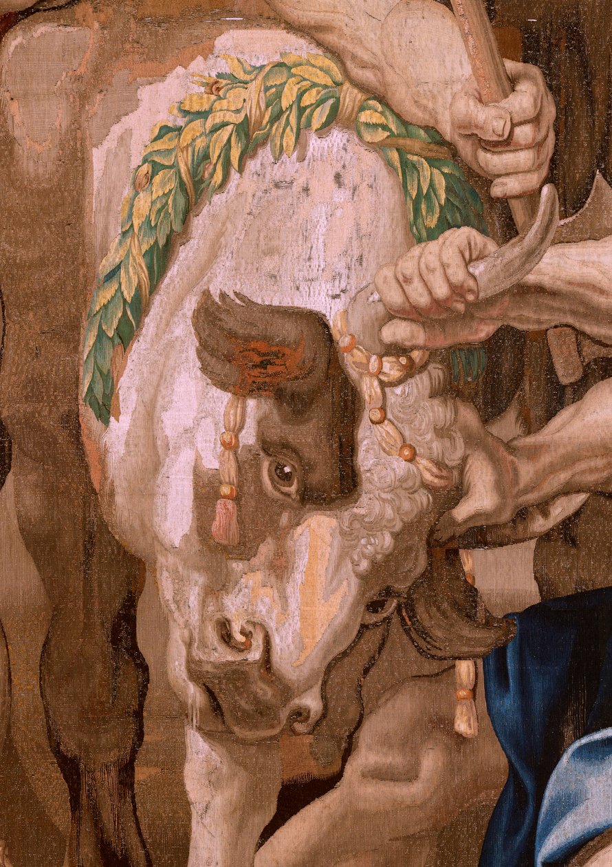 flamländsk gobeläng. Serien Nattvardens triumf. Eukaristins seger över hedniska offer (Victoria de la Eucaristía sobre los sacrificios paganos). Fjärde gobeläng i serien. Modell Peter Paul Rubens. 1626-1628. Tillverkning Jan II Raes, Jac av Flemish School