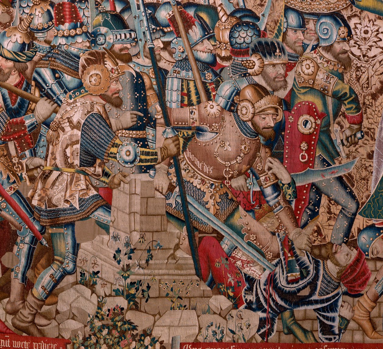 flamländsk gobeläng. Serien Det trojanska kriget. Förstörelsen av Troja (Destrucción de Troya). Elfte gobeläng i serien. Modell Coëtivy Master (Henry eller Conrard de Vulcop). Tillverkar Tournai-verkstäder. Ca 1470. Tyg Ull och siden, 6/7 varp per cm. av Flemish School