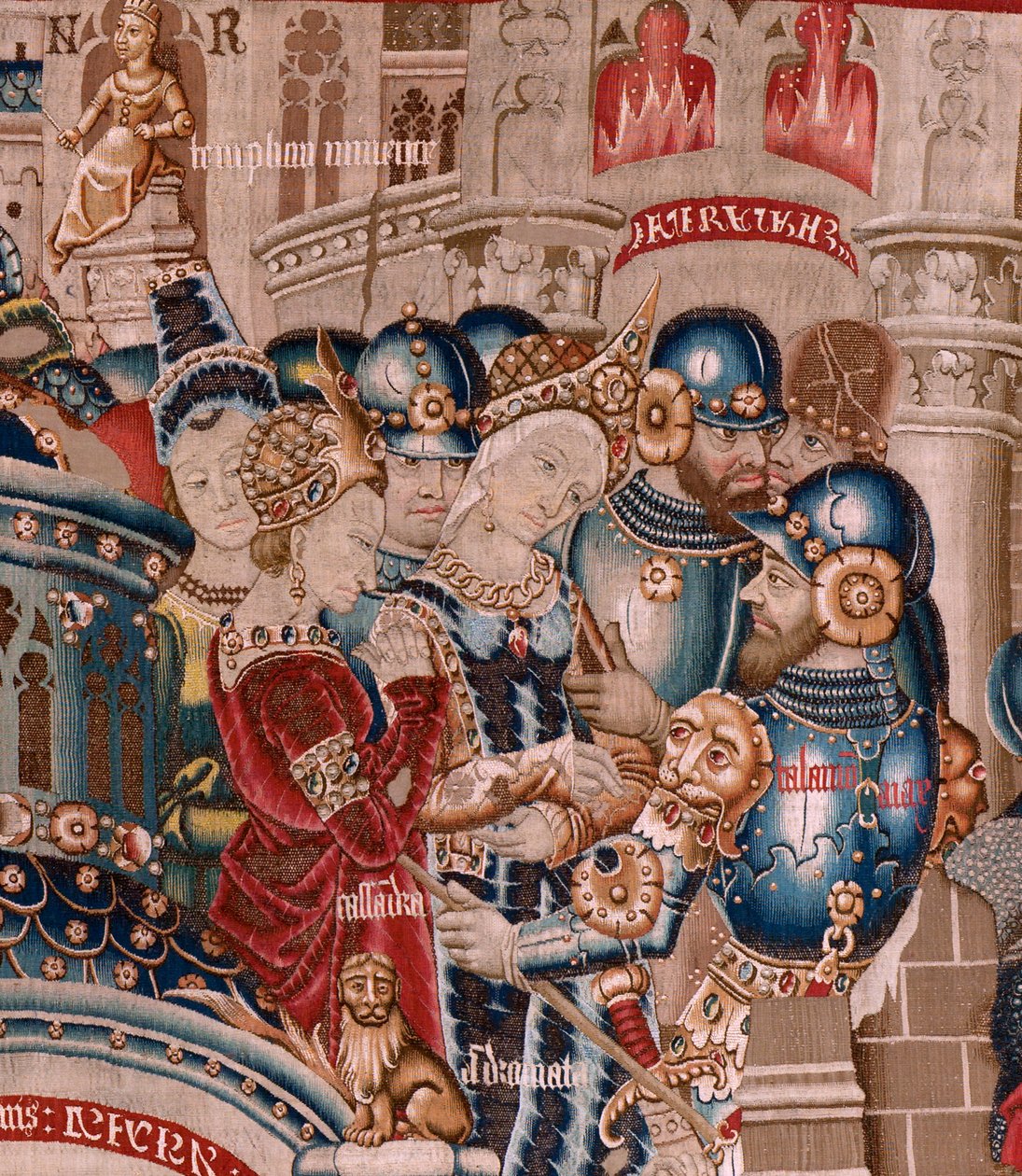 flamländsk gobeläng. Serien Det trojanska kriget. Förstörelsen av Troja (Destrucción de Troya). Elfte gobeläng i serien. Modell Coëtivy Master (Henry eller Conrard de Vulcop). Tillverkar Tournai-verkstäder. Ca 1470. Tyg Ull och siden, 6/7 varp per cm. av Flemish School