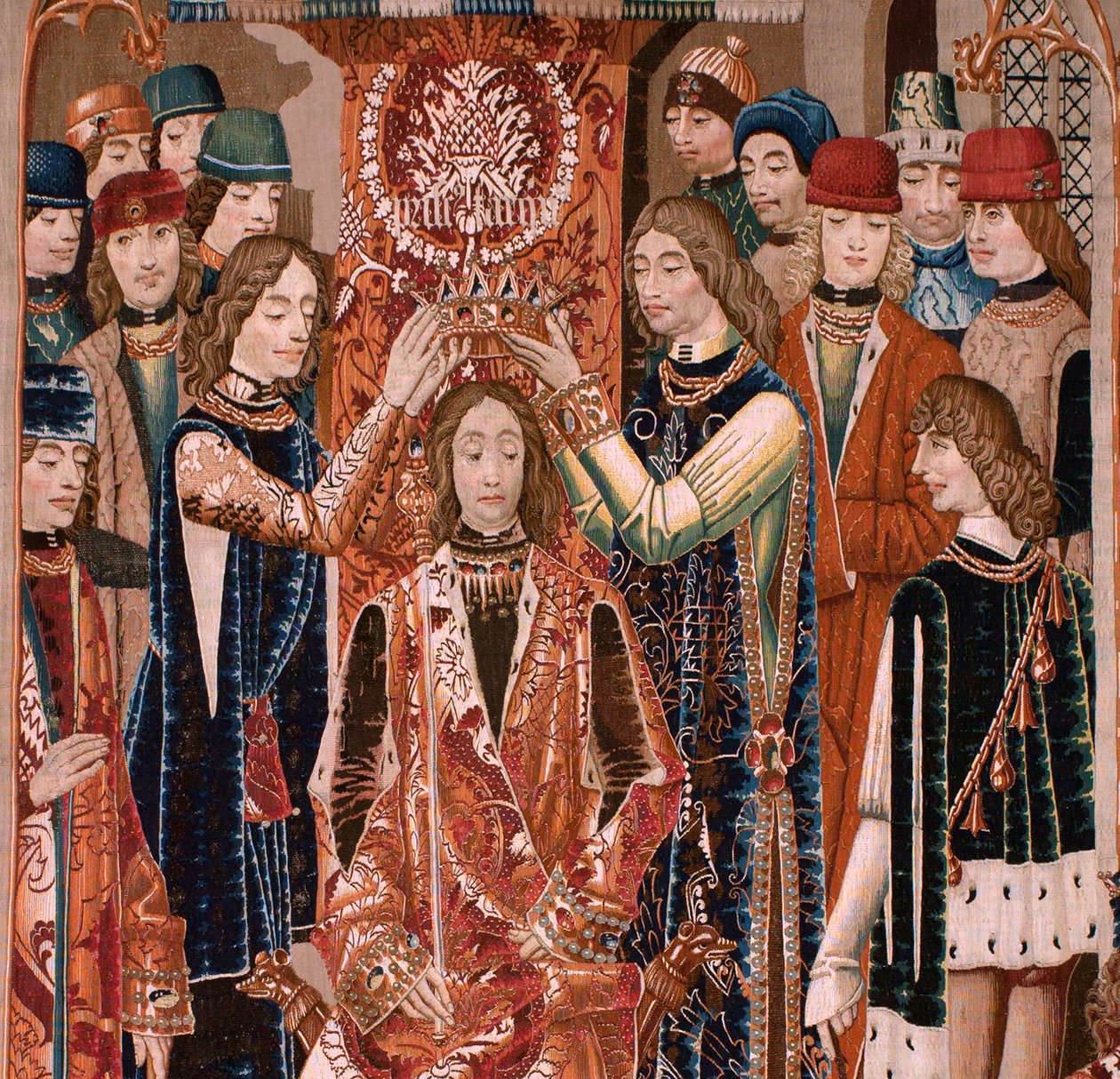 flamländsk gobeläng. Serie okänd. Romersk historia? Tarquinius Priscus (Tarquino Prisco). Tillverka Bryssels verkstäder?. Ca 1475. Tyg Ull och siden, 6 varp per cm. Ursprung En donation av greve Alba de Aliste, den anlände till katedralen 1608. ; Locati av Flemish School