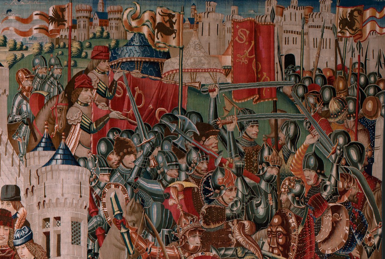 flamländsk gobeläng. Serie okänd. Romersk historia? Tarquinius Priscus (Tarquino Prisco). Tillverka Bryssels verkstäder?. Ca 1475. Tyg Ull och siden, 6 varp per cm. Ursprung En donation av greve Alba de Aliste, den anlände till katedralen 1608. ; Locati av Flemish School
