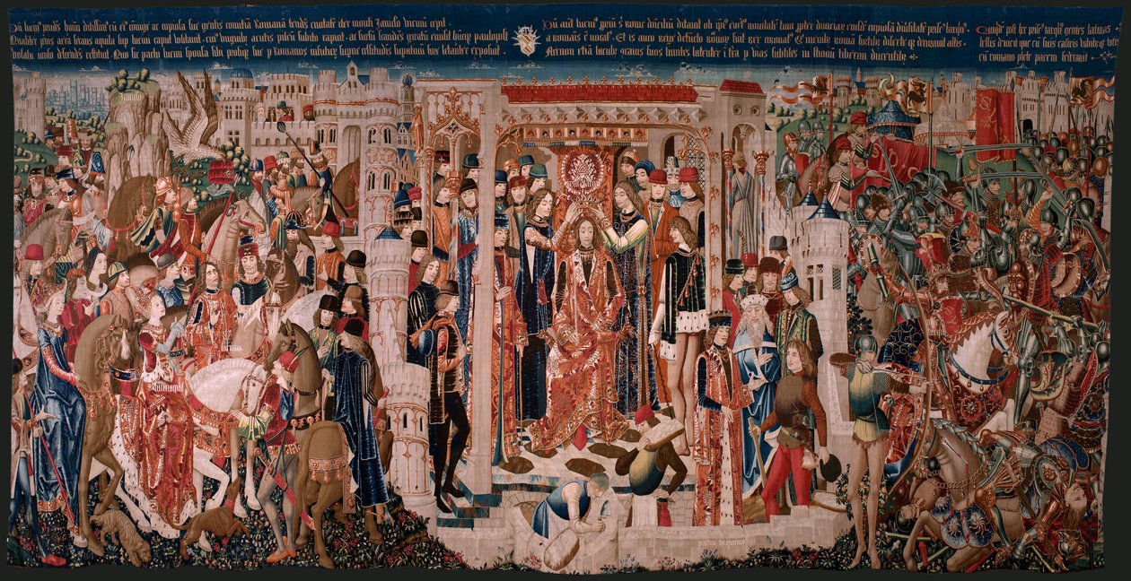 flamländsk gobeläng. Serie okänd. Romersk historia? Tarquinius Priscus (Tarquino Prisco). Tillverka Bryssels verkstäder?. Ca 1475. Tyg Ull och siden, 6 varp per cm. Ursprung En donation av greve Alba de Aliste, den anlände till katedralen 1608. ; Locati av Flemish School