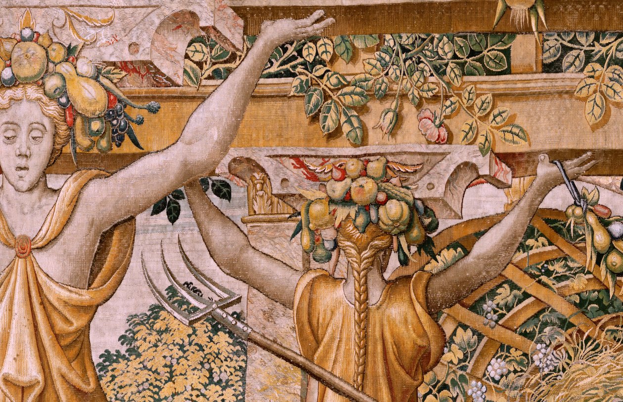 flamländsk gobeläng. Serien Vertumnus och Pomona. No II Vertumnus förvandlades till bonde (Vertumno y Pomona II Vertumno transformado en agricultor) no1 vänster del. Modeller Circle of Pieter Coecke Van Aelst och Léonard Thiry. Atelier okänd, Bryssel. Guld av Flemish School