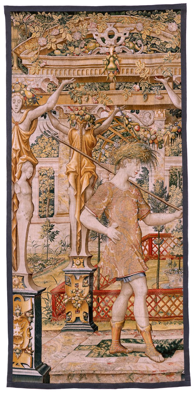 flamländsk gobeläng. Serien Vertumnus och Pomona. No II Vertumnus förvandlades till bonde (Vertumno y Pomona II Vertumno transformado en agricultor) no1 vänster del. Modeller Circle of Pieter Coecke Van Aelst och Léonard Thiry. Atelier okänd, Bryssel. Guld av Flemish School