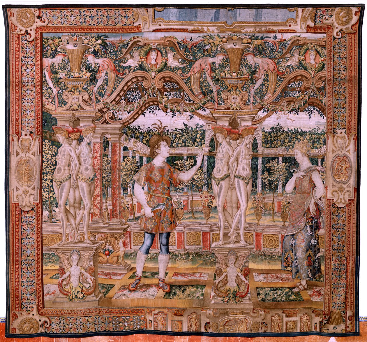 flamländsk gobeläng. Serien Vertumnus och Pomona. No IV Vertumnus förvandlas till en beskärare (Vertumno y Pomona IV (Vertumno transformado en podador). Modeller Circle of Pieter Coecke Van Aelst och Léonard Thiry. Atelier okänd, Bryssel. Guld, siden och u av Flemish School
