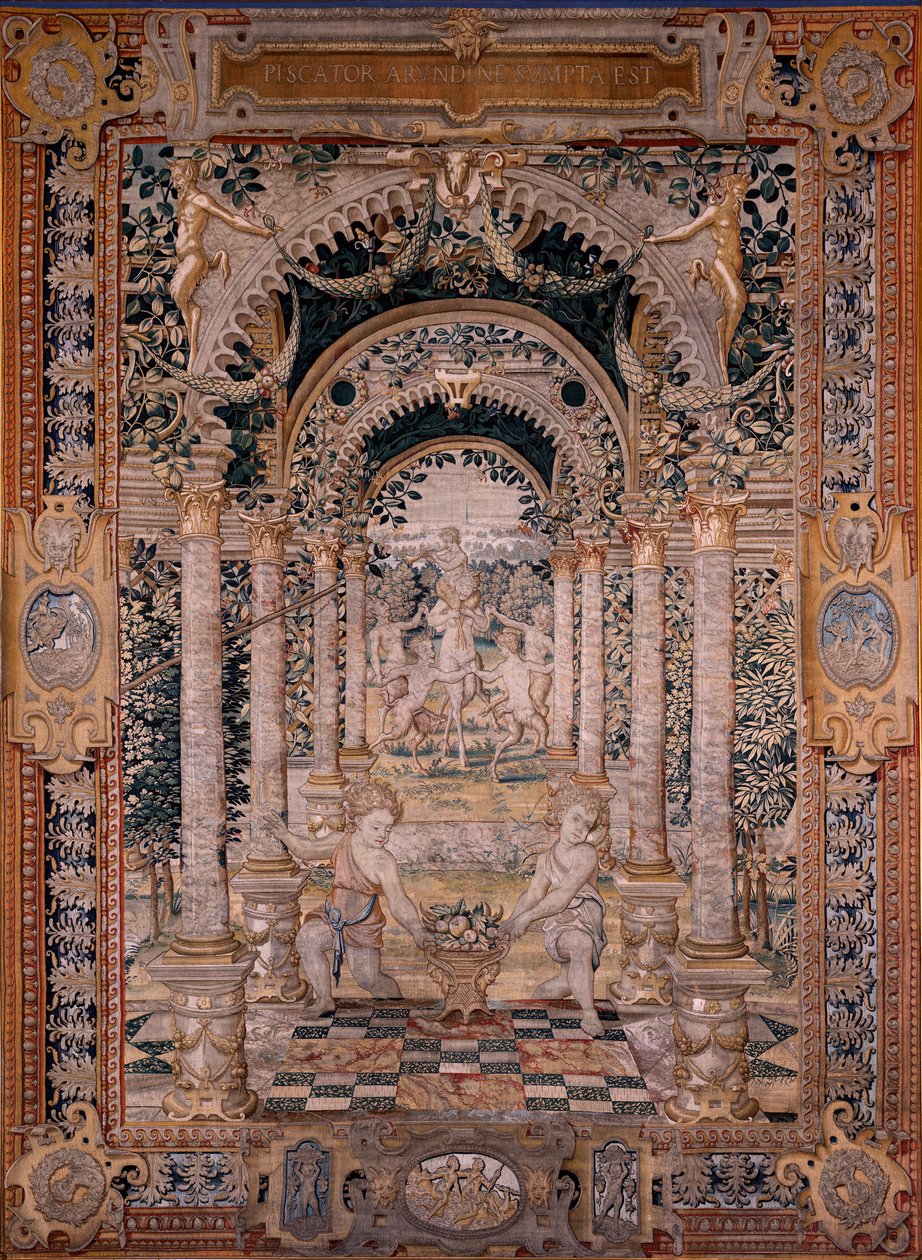 flamländsk gobeläng. Serien Vertumnus och Pomona. Seriens sjunde gobeläng; Vertumnus förvandlas till en fiskare (central del). Modeller Circle of Pieter Coecke Van Aelst och Léonard Thiry. Tillverkning Okänd verkstad, Bryssel. Före 1550. Tyg Go av Flemish School