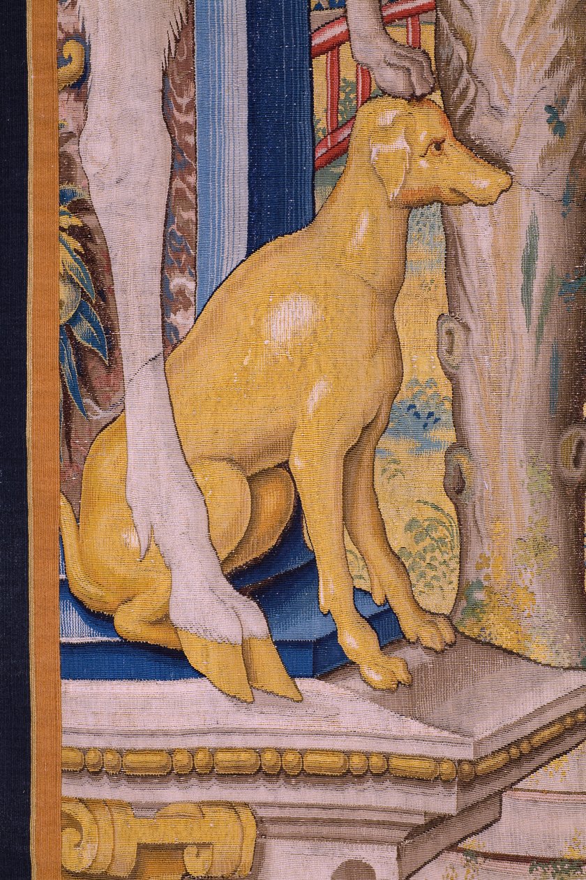 flamländsk gobeläng. Serien Vertumnus och Pomona: Vertumnus förvandlad till en bonde (Vertumnus som bonde, Vertumno transformado och jordbrukare). Atelier Willem de Pannemaker. Omkring 1545-1550. Detalj. av Flemish School