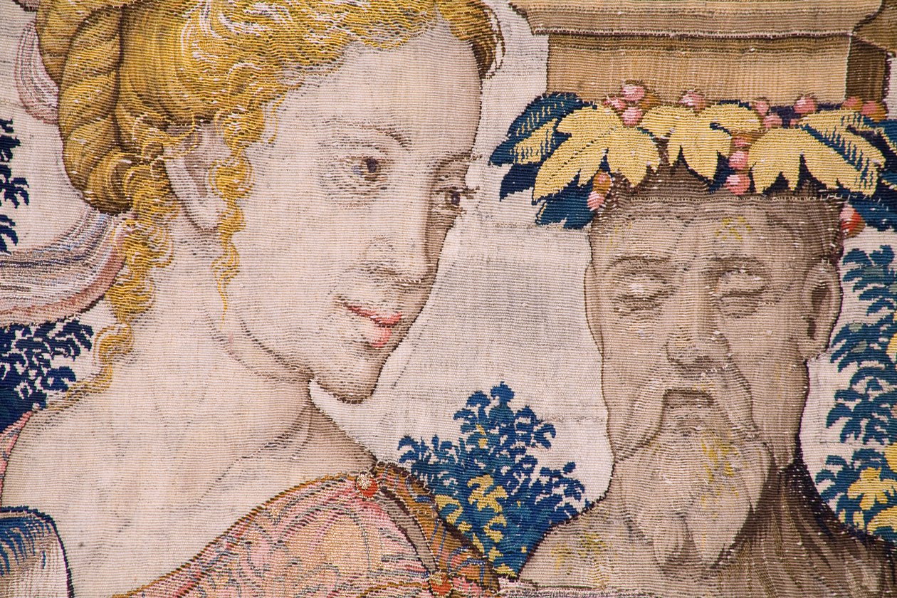 flamländsk gobeläng. Serien Vertumnus och Pomona: Vertumnus förvandlad till en bonde (Vertumnus som bonde, Vertumno transformado och jordbrukare). Studio Willem de Pannemaker. ca 1545-1550. Detalj. av Flemish School