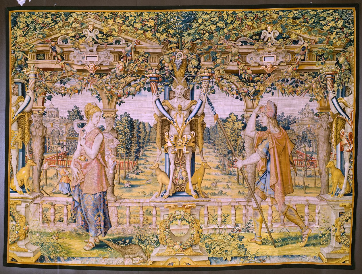 flamländsk gobeläng. Serien Vertumnus och Pomona: Vertumnus förvandlad till en bonde (Vertumnus som bonde, Vertumno transformado och jordbrukare). Studio Willem de Pannemaker. ca 1545-1550. av Flemish School