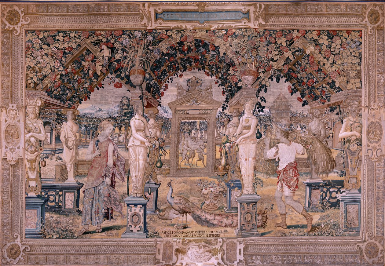 flamländsk gobeläng. Serien Vertumnus och Pomona. Vertumnus förvandlas till en skördare (Vertumno transformado en segador). Första gobelängen i serien. Modellcirkel av Pieter Coeck van Aelst. ; Tillverkning Wilhelm Pannemaker, Bryssel. Ca 1545-1550. Tyg av Flemish School