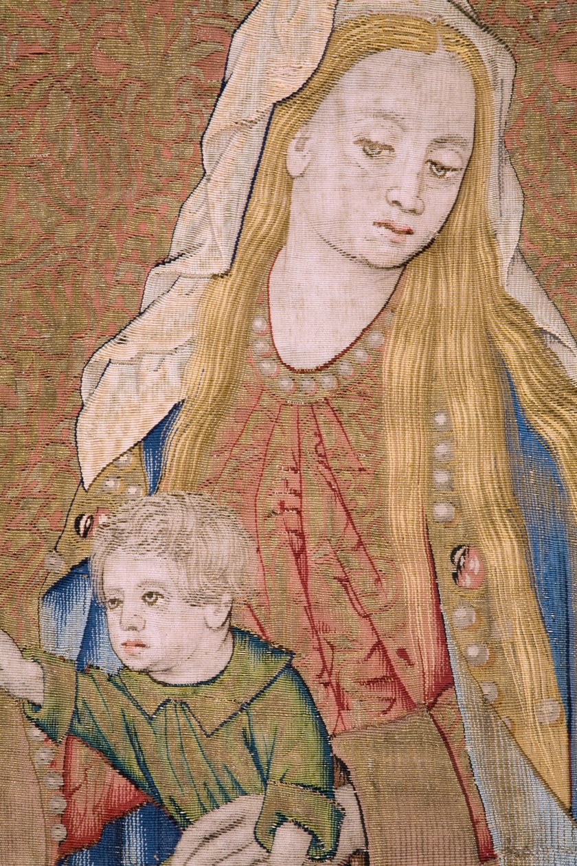 flamländsk gobeläng. Jungfrun med barnet och änglar (Jungfrun med barnet och en ängel, Mary met Kind in engelen). Cirka av Flemish School