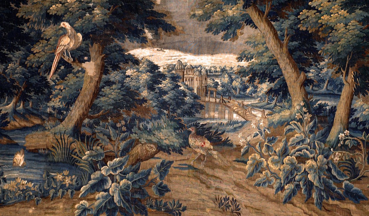 flamländsk gobeläng. stå ut med. Slutet på 1600-talet - början av 1700-talet. Egendom av kyrkan Sint-Walburgakerk Oudenaarde (Dekenij van de Sint-Walburga). Detalj. av Flemish School