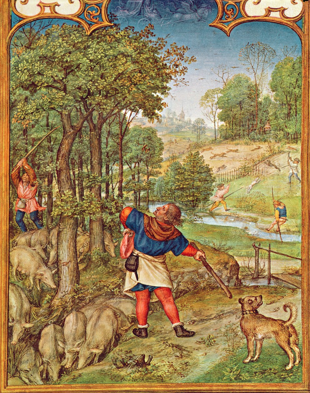 Fol.11v November månad: Skörda ekollon för grisarna och jakt, från Breviarium Grimani, c.1515 av Flemish School