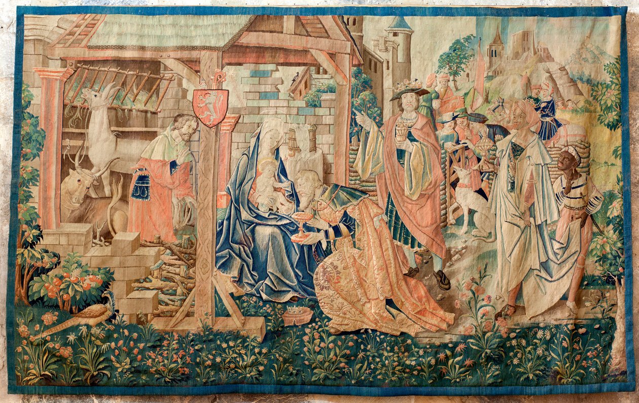 Tidigare katedral (Ancienne cathédrale Notre-Dame). Museets samlingar. flamländsk gobeläng. Tillbedjan av Magi. Kommando av biskop Jean de Mauléon. En del av en serie som ursprungligen hängdes upp ovanför The jubé-sittplatser. 1500-talet. av Flemish School