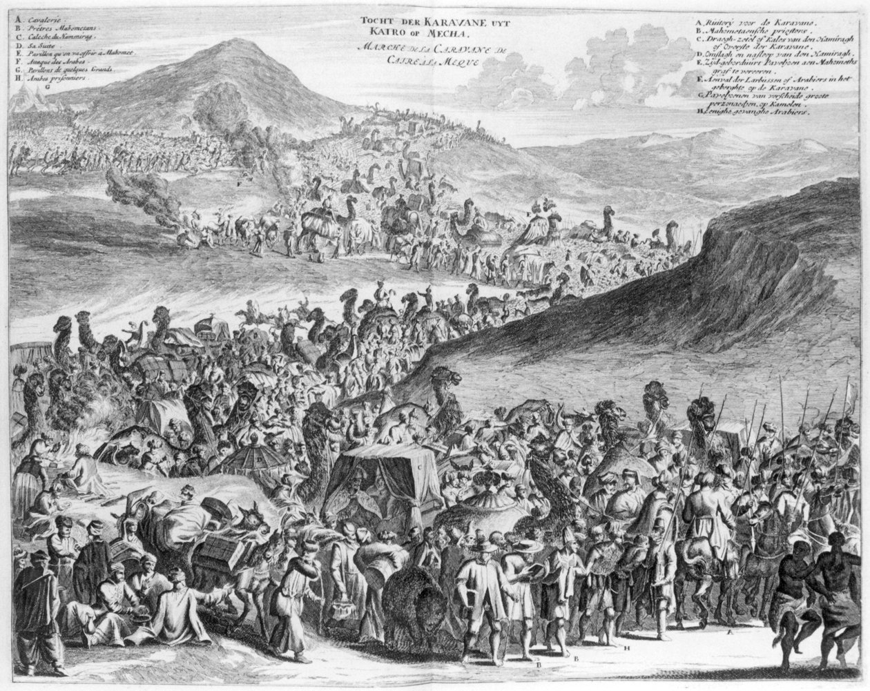 Hajj-karavan från Kairo till Mecka, från Description de lAfrique av O. Dapper, 1686 av Flemish School