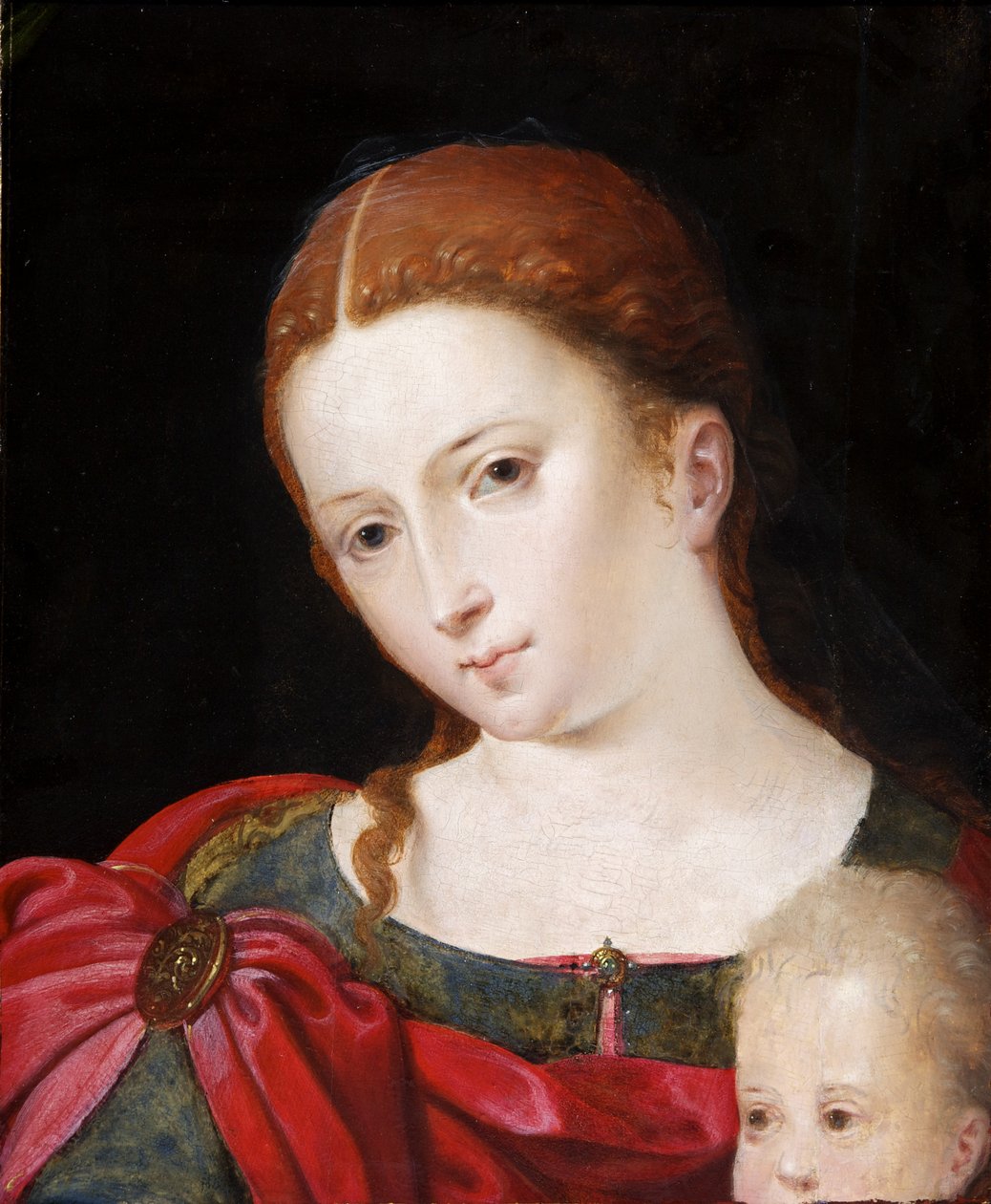 Huvud och axlar av en flicka i röd kappa över blå klänning, ca 1550 (olja på panel, ek) av Flemish School