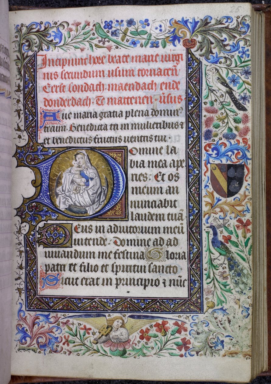 Historikerad initial med Virgin and Child Hours Book, Use of Tournai, på en halvmåne kombinerad med en tresidig bomkant och en hel bård med akantusblad, blommor, fåglar, en musikerängel och ett vapen av Flemish School