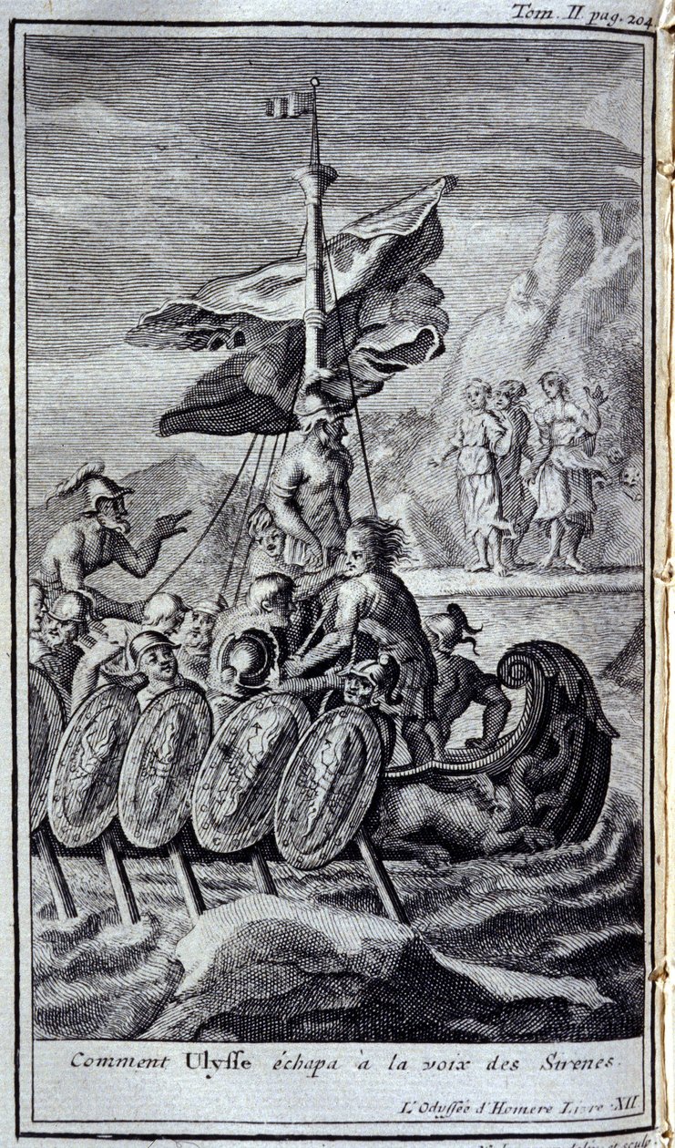 Hur Ulysses flydde sirenens röst. Illustration för bok XII av Homeros Odyssey, i Odyssey, publicerad i Amsterdam 1731, Collection privee Milan. av Flemish School