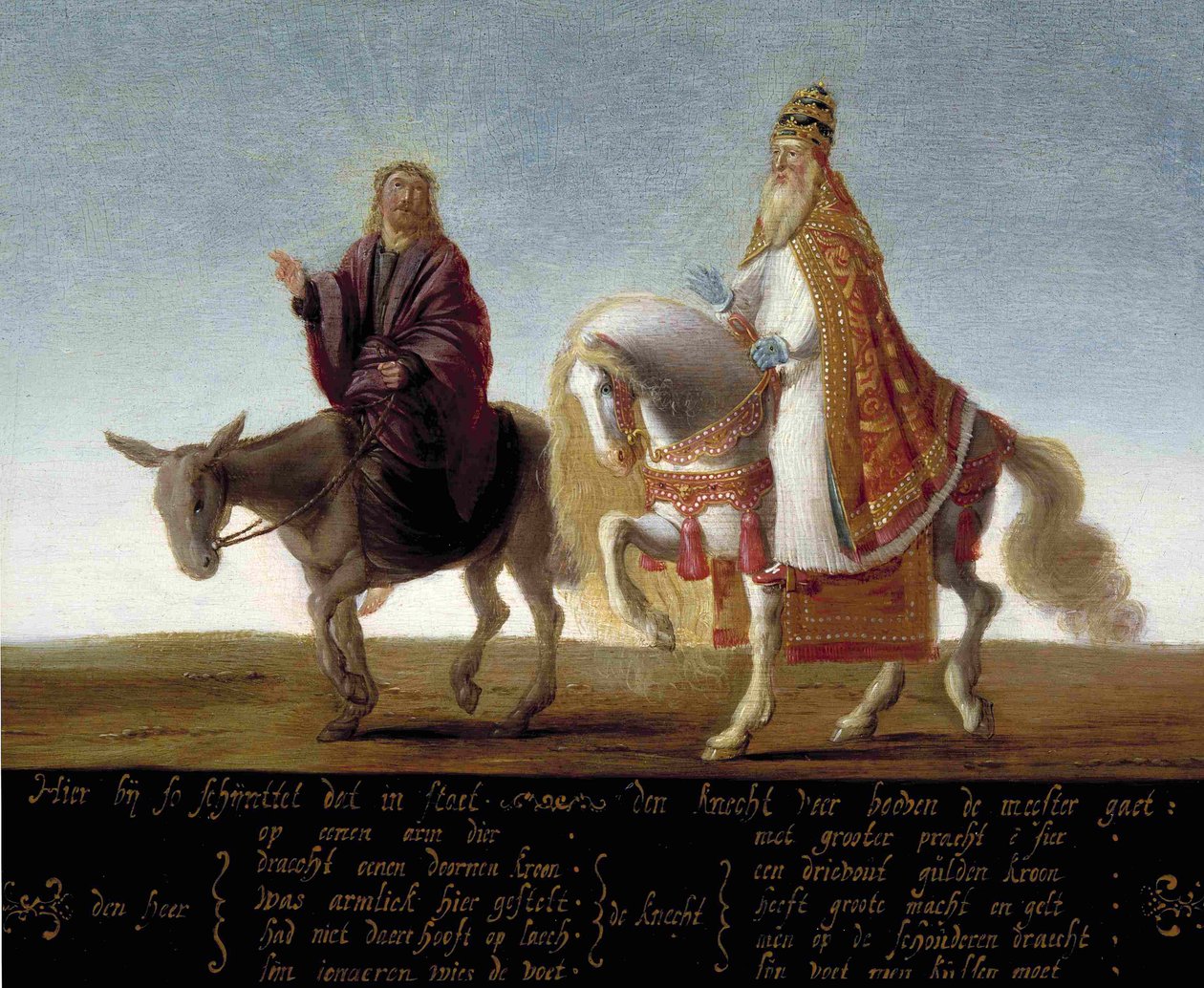 ""Jesus representerad på en åsna vid sidan av den rikt klädda påven på en häst"" Luthersk karikatyr mot påven - Anonym målning av Flemish School