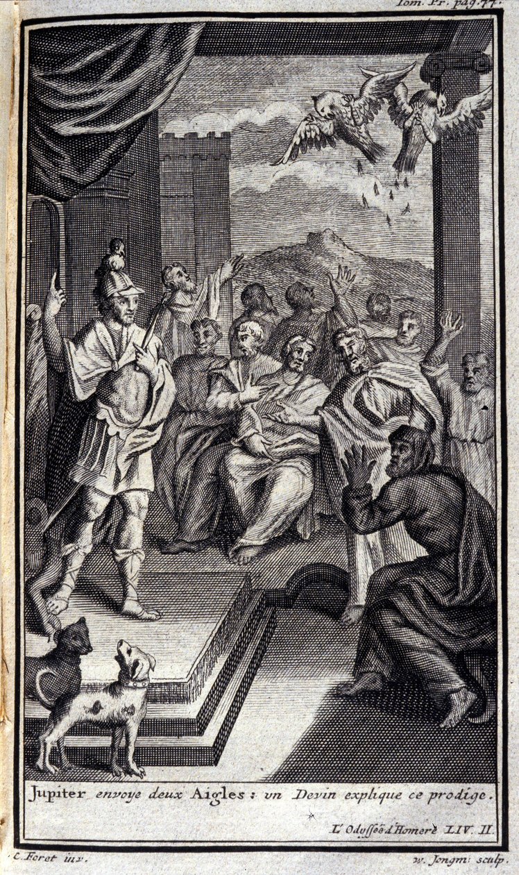 Jupiter skickar två örnar: en napp förklarar detta underbarn. Lustration för bok II av Odyssee av Homere, i Odyssee, publicerad i Amsterdam 1731, Collection privee Milan. av Flemish School
