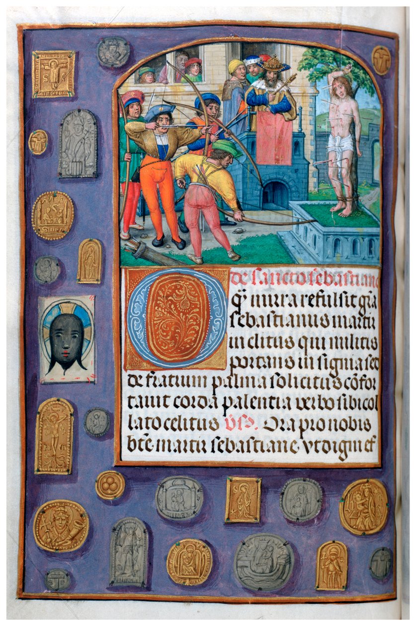 MS 4, vol. 127, f.112v, Martyrdom of St Sebastian med trompe l’oeil-kant av pilgrimsmärken och vernicle, från en timbok, Flandern, tidigt 1500-tal (penna & bläck och tempera på veläng) av Flemish School