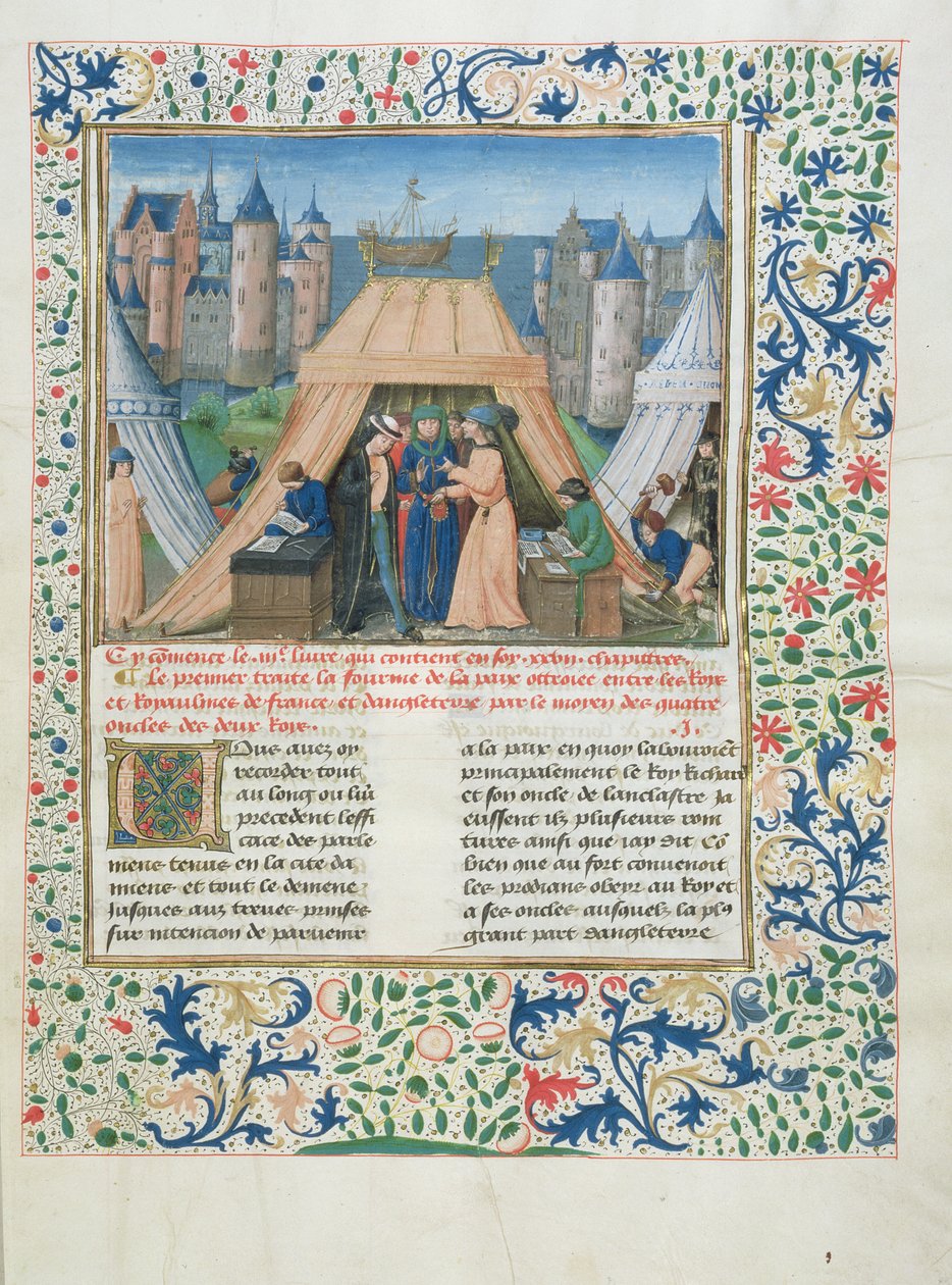 MS W201 f.147 Fredsfördrag från Chroniques dAngleterre (Vol.IV) 1475-80 (tempera på veläng) av Flemish School