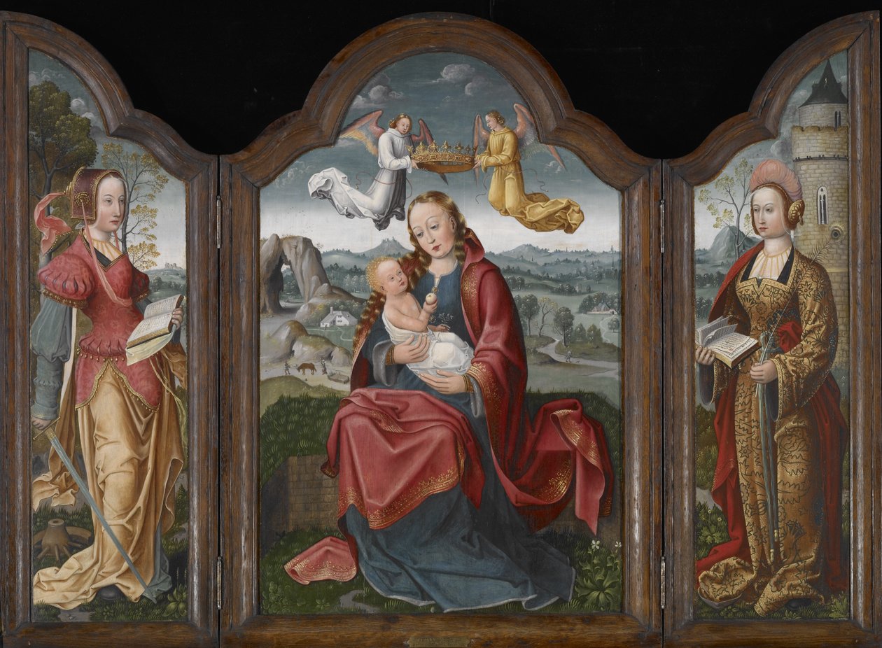 Madonna och barn, St. Barbara och St. Catherine, ca 1520 (olja på panel) av Flemish School