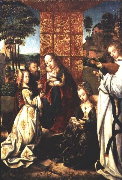 Madonna och barn med St. Catherine, en ängel och andra figurer av Flemish School