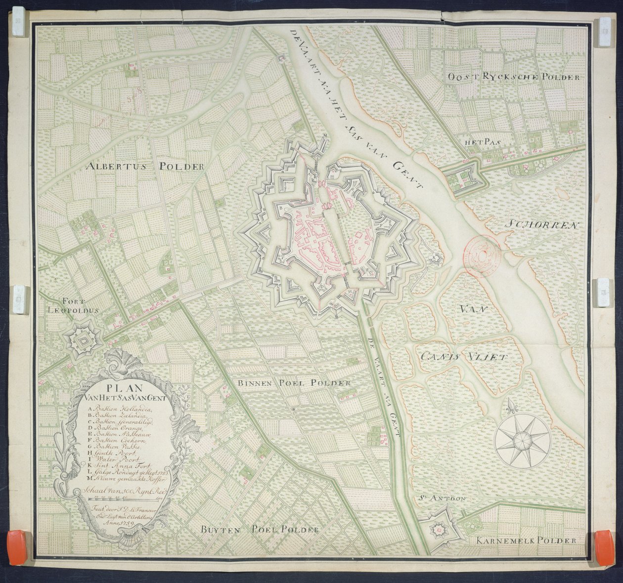 Karta över Sas de Gant och omgivande områden, 1759 av Flemish School