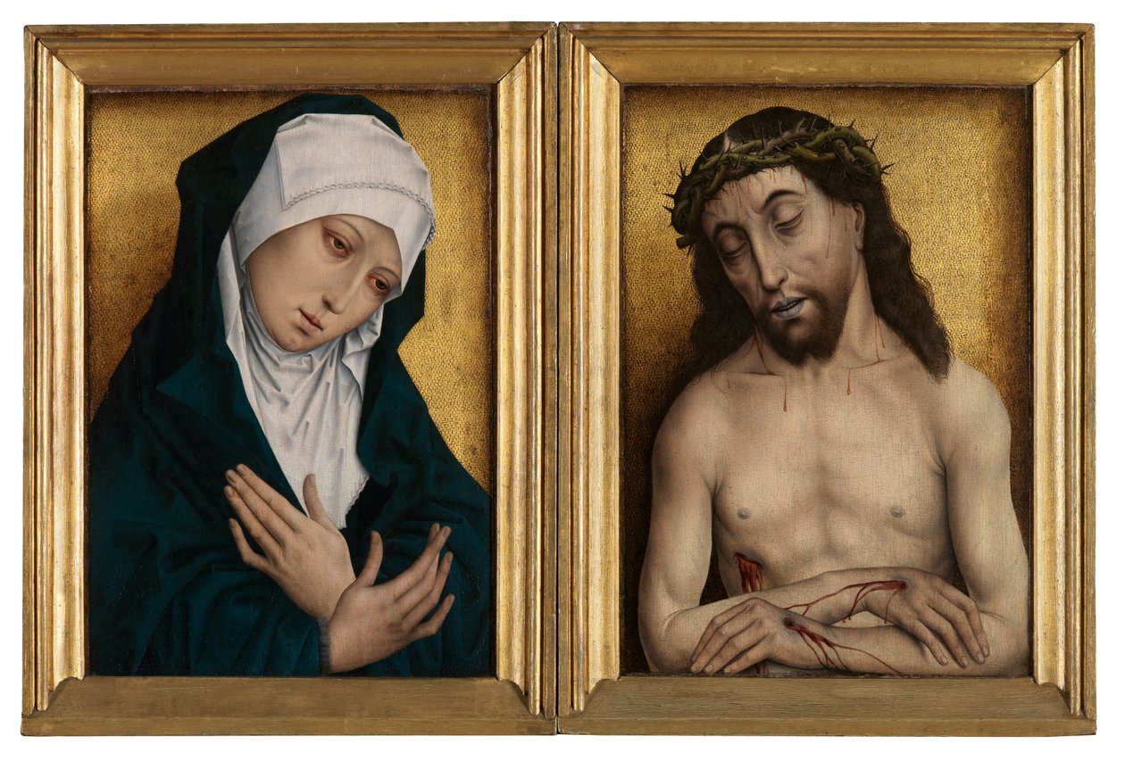 Mater Dolorosa och Man of Sorrows (olja på panel) av Flemish School