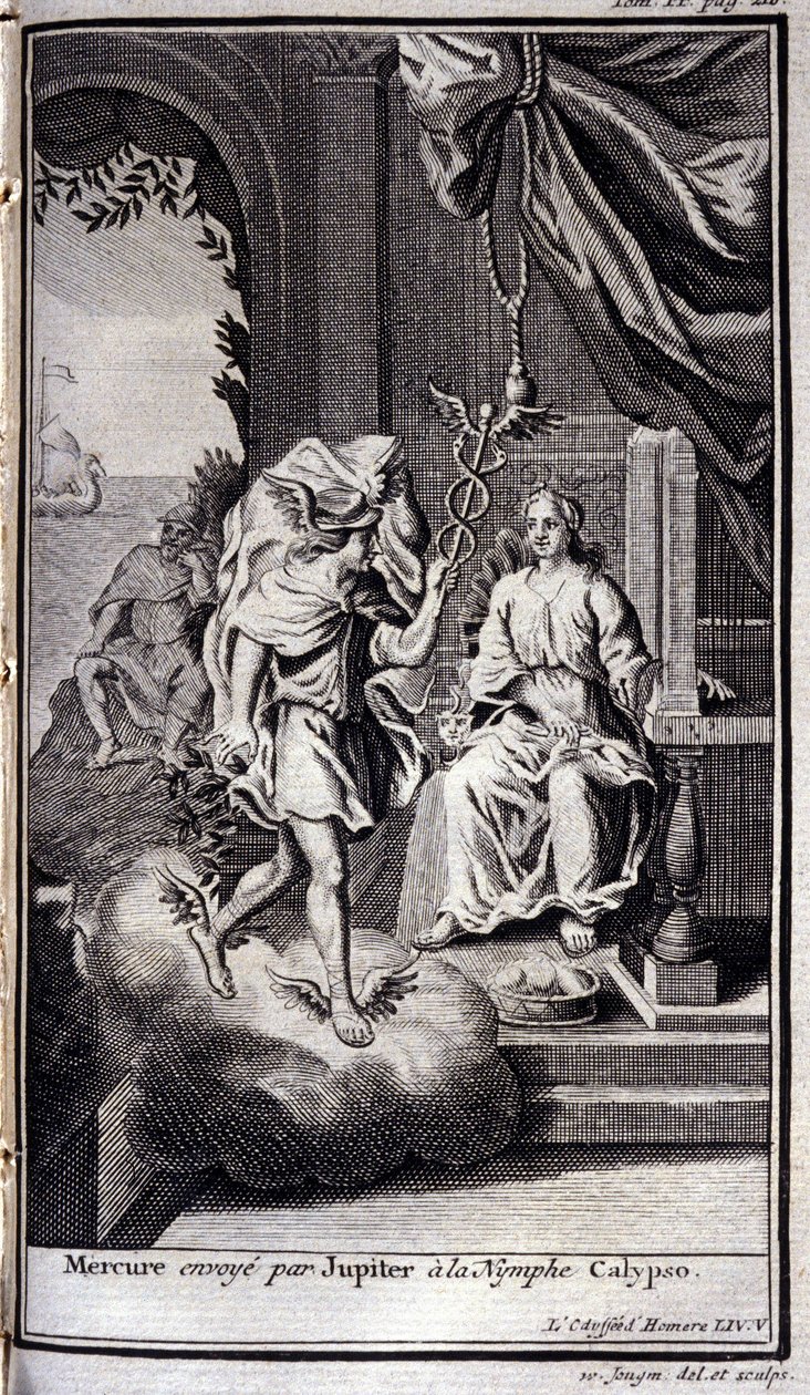 Merkurius skickas av Jupiter till nymfen Calypso. Illustration för bok V av Homeros Odyssey, i Odyssey, publicerad i Amsterdam 1731, Collection privee Milan. av Flemish School