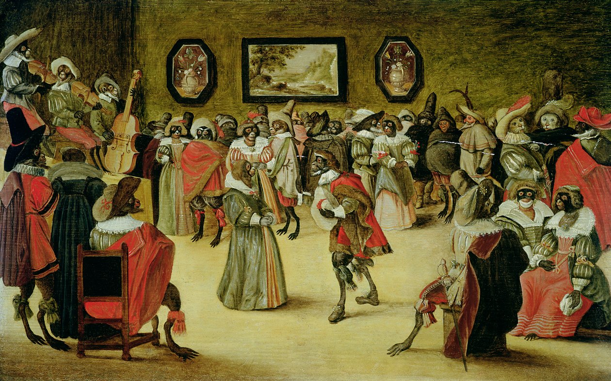 Apor och katter på en maskerad bal, 1632 (se 204408) av Flemish School
